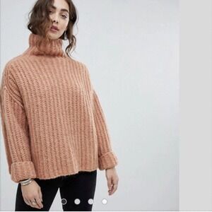 Free People Fluffy Fox Oversized Cowl Turtleneck Sweater Papaya Orange Medium